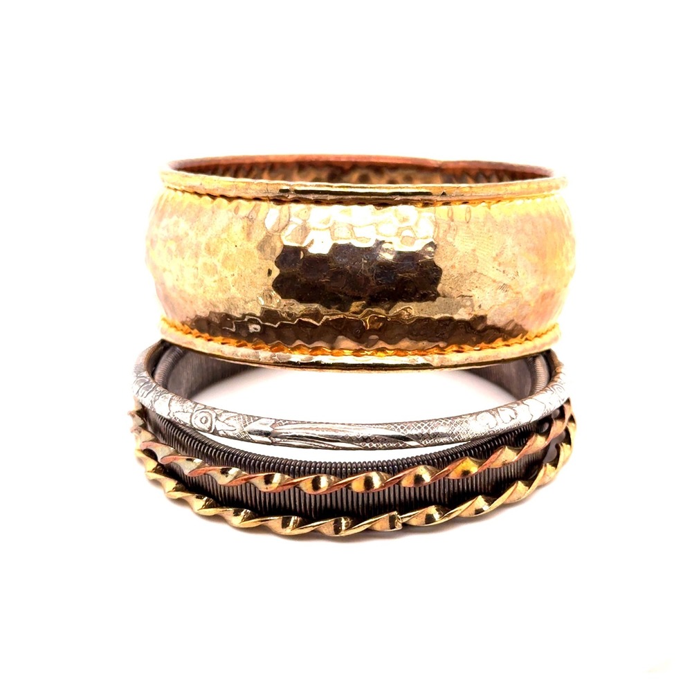 Mixed Metal Bangle Bracelet Set Hammered Gold Silver Tone Boho Stack 5pc